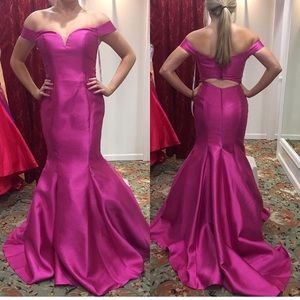 pink off the shoulder fitted mermaid prom gown